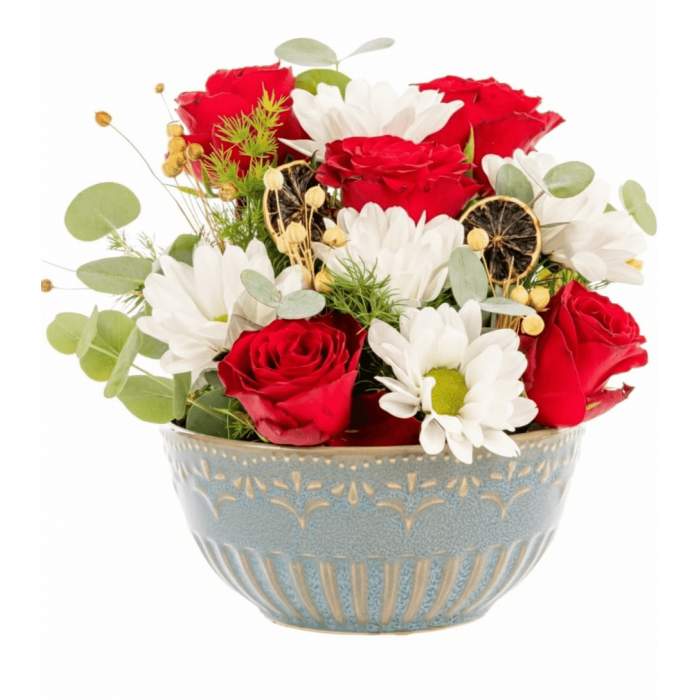 Kırmızı gül & beyaz papatya arajmanı